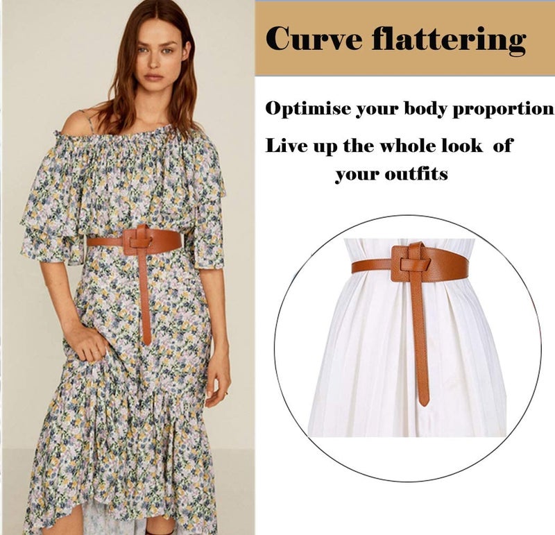 ALAIX Women's Leather Belt Dress Belt for Jumpsuit Coat Fashion Tie a Knot Waist Belt Brown - Image 5